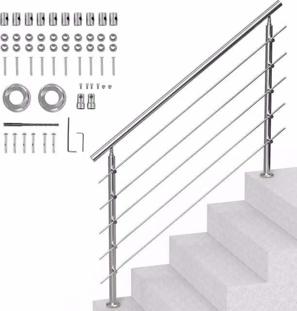 Kit Corrimano per Scale Esterne in Acciaio Inox 150 cm con 5 Traverse Ringhiera Regolabile 0-45° per Veranda Argento