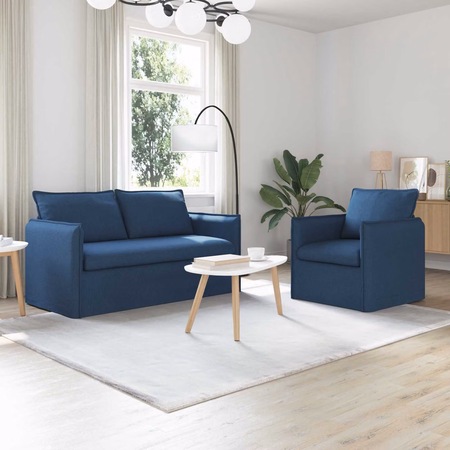 Set di 2 divani moderni vidaXL in tessuto blu con struttura in metallo e coperture rimovibili – 1