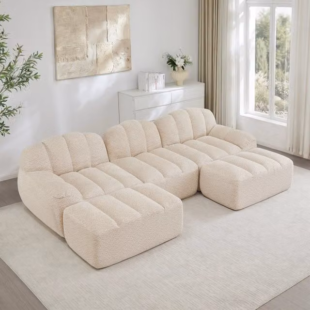 Divano modulare a 3 posti con 2 pouf - Zephmum- Schiuma 32D alta densit¨¤, tessuto morbido, colore beige bianco
