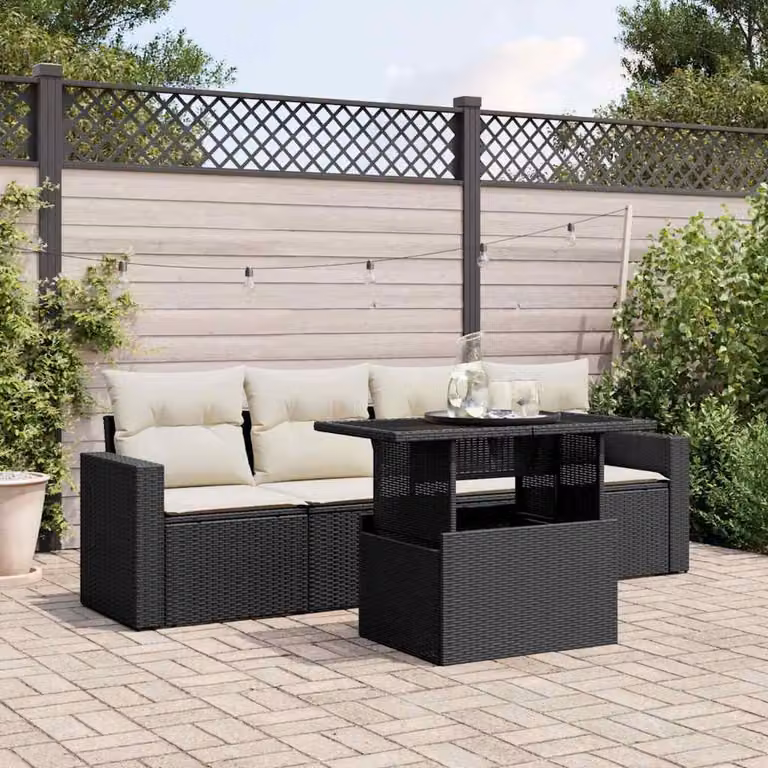 vidaXL Set Divani da Giardino 5 pz con Cuscini e Tavolino in Polyrattan e Metallo Nero e Bianco