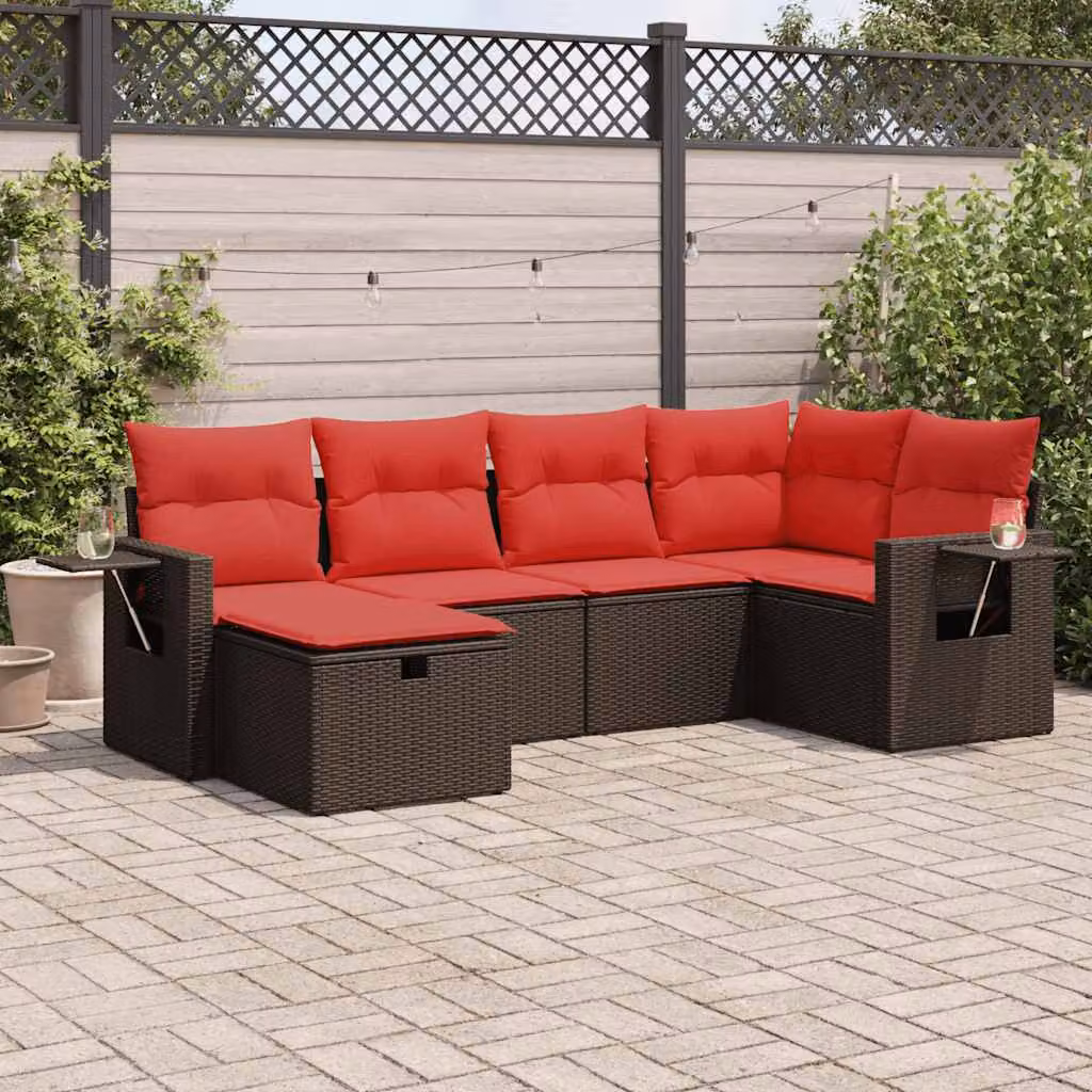 Set Divano da Giardino vidaXL 6 pz a Forma a L con Cuscini Marrone e Rosso in Polyrattan e Metallo