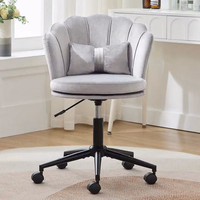 Sgabello da Trucco Xylo con Schienale a Petalo in Velluto Grigio L: 60 cm, P: 65 cm, H: 130 cm