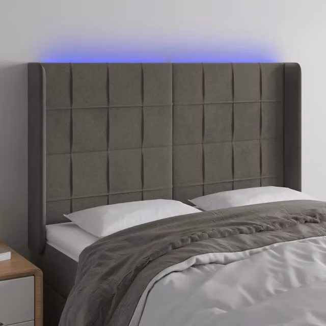 Testiera con LED Design Mania in Velluto Grigio con Porte USB L/P/H: 147 x 16 x 118/128 cm