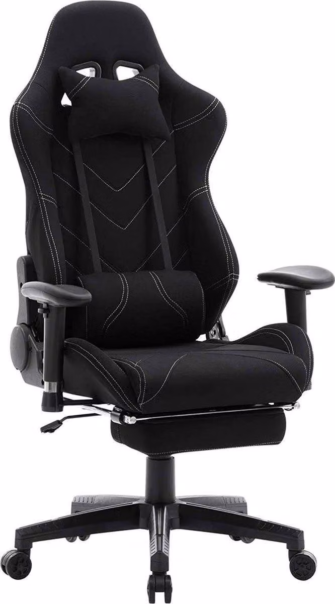 Sedia da gaming – Nera – Ergonomica – Regolabile in altezza – Con poggiapiedi – Rivestimento in tessuto – Gaming e ufficio