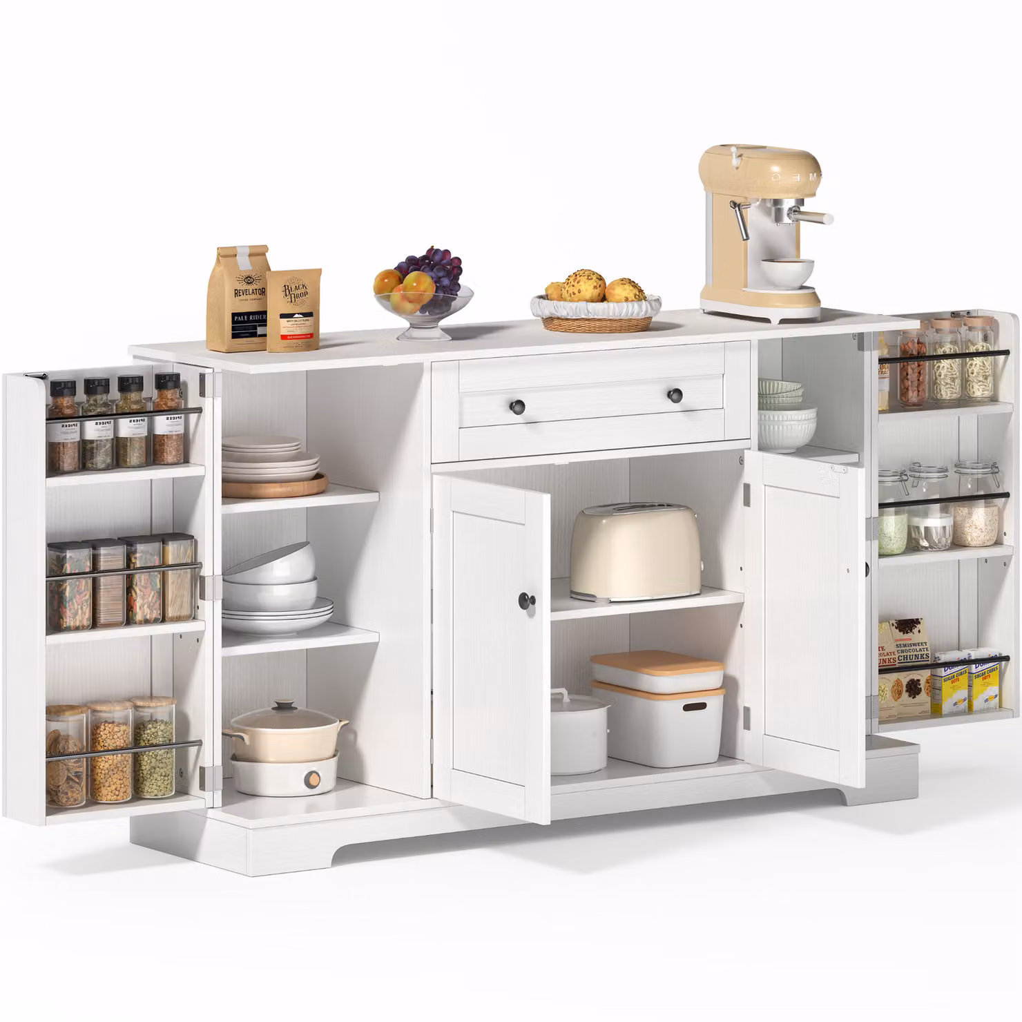 Credenza moderna, buffet da cucina, mobile multiuso, mobile di servizio con ampio spazio contenitivo, ripiani con sponde di protezione, supporto a muro con funzione anti-ribaltamento