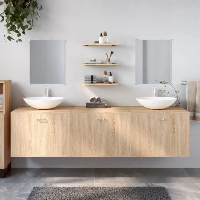 Set di mobili da bagno moderno vidaXL in legno color rovere marrone composto da 6 pezzi con mobile sottolavabo e pensili a parete L/P/H: 180 x 45 x 45 cm – 1