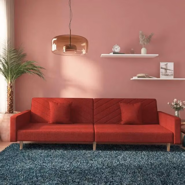 Divano Letto Click-Clack vidaXL in Tessuto Rosso con 2 Cuscini e Struttura in Legno Solido