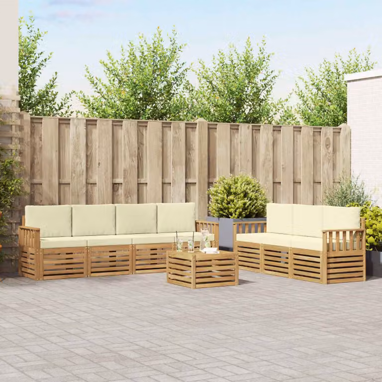 Set da giardino vidaXL a forma di L composto da 8 pezzi con divani, poltrone e tavolino da caffè in legno di acacia, colore bianco e beige con cuscini in poliestere resistente ai raggi UV