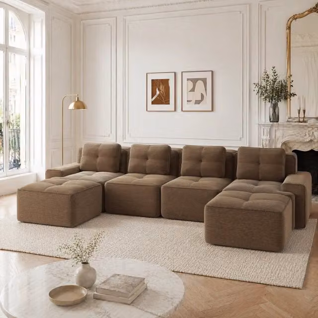 Divano modulare a L MODFU in tessuto a coste marrone con seduta profonda L/P/H: 382 x 177 x 69 cm