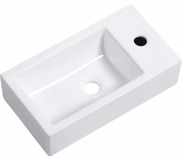 Lavabo in Vetroceramica Vivo, modello sospeso, lato destro, bianco lucido, dimensioni 45,5 x 25 cm