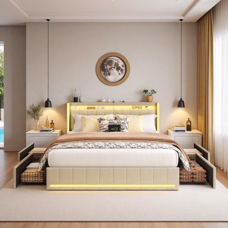 Letto matrimoniale 140x200 con contenitore, imbottito con illuminazione LED, dotato di prese USB e di tipo C, letto per giovani con 4 cassetti, tessuto in lino, colore beige