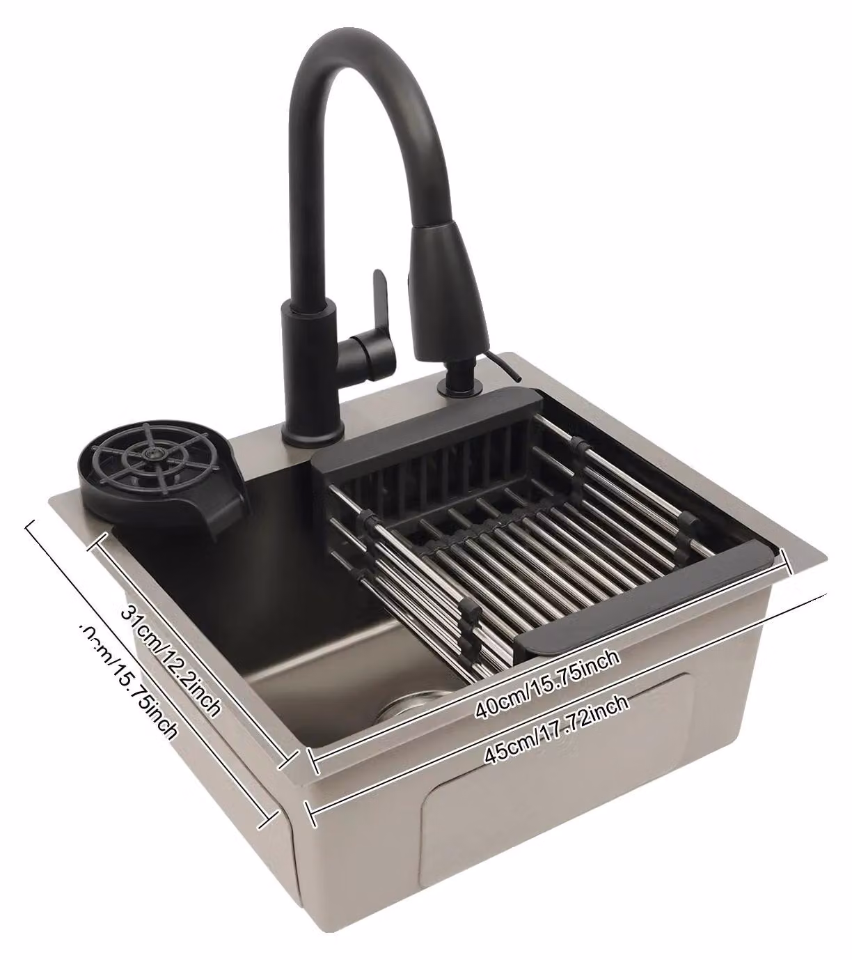 Lavello da cucina, rubinetto estraibile, struttura in acciaio inossidabile, colore grigio chiaro