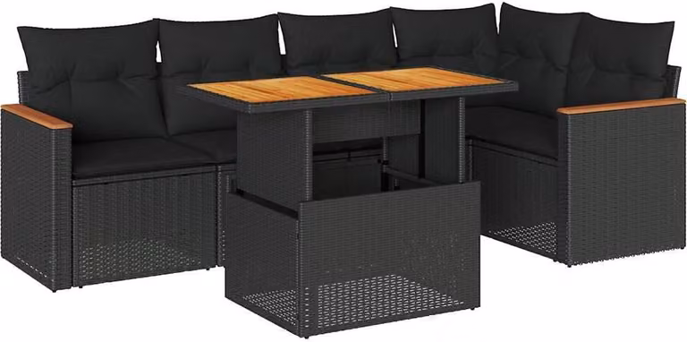 Set Divano da Giardino 6 pz con Cuscini Nero Polyrattan Acacia