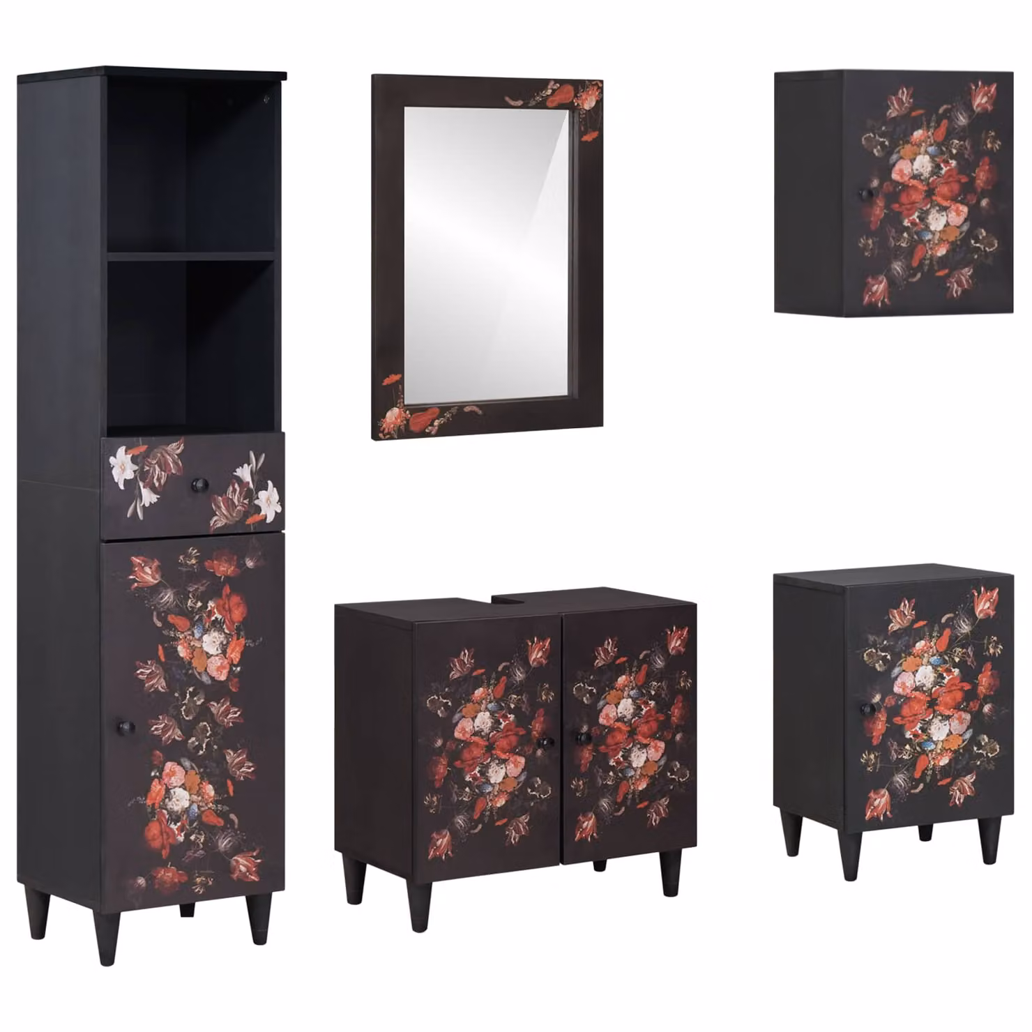 Set di 5 mobili da bagno moderni vidaXL in legno di mango con vanità, armadi a muro e armadio alto, L/P/H: 62 x 33 x 58 cm, marrone e nero