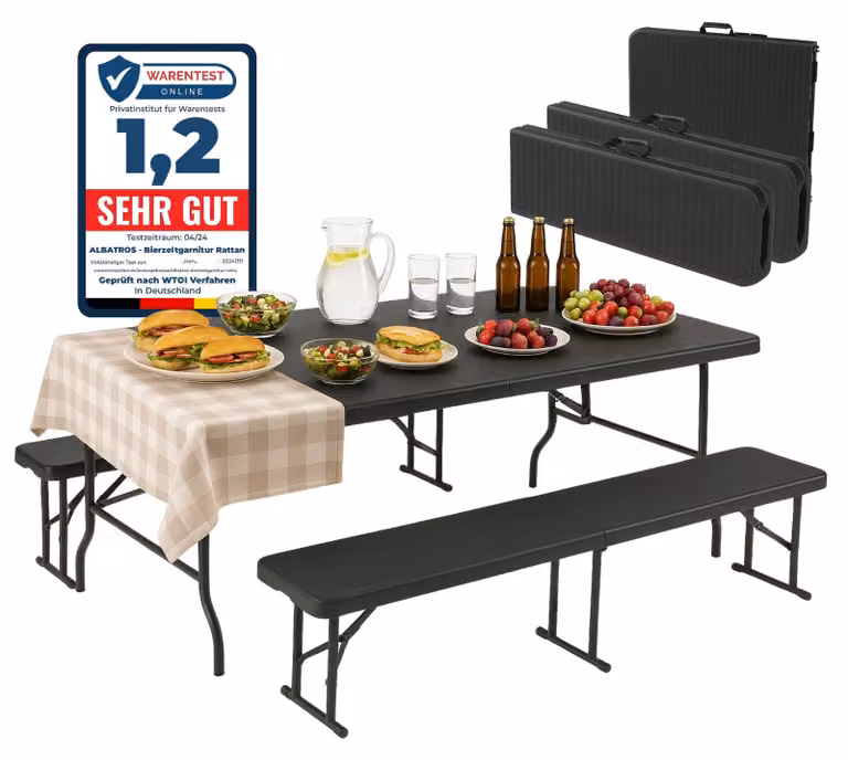 Set di tenda da birra Albatros in rattan - robusto set di tavolo da birra pieghevole e ad alta capacità di carico - set di 2x panca da birra e 1x tavolo da birra per un massimo di 10 persone - set di panca da birra