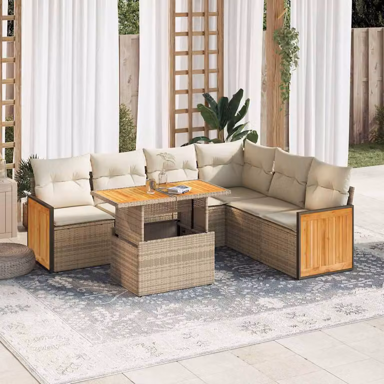 Set Divano da Giardino a L vidaXL 7 pz in Polyrattan e Legno di Acacia con Cuscini Beige