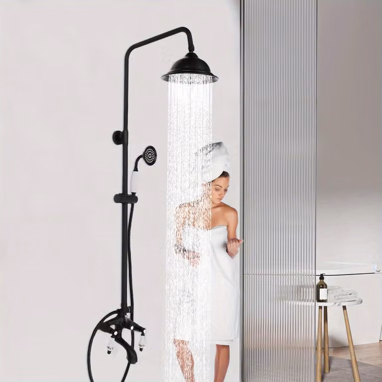 Set doccia a soffitto - Acciaio inossidabile nero - Design retrò e vintage - Miscelatore termostatico - Doccetta manuale e soffione - Montaggio a parete