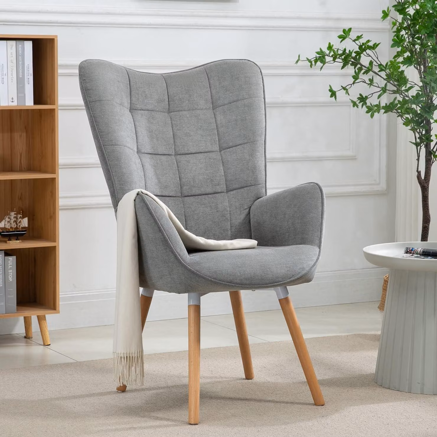 Poltrona confortevole, poltrone, sedie imbottite, divano, gambe in legno, poltrona a orecchie per soggiorno, camera da letto, ufficio, toeletta, tessuto, grigio