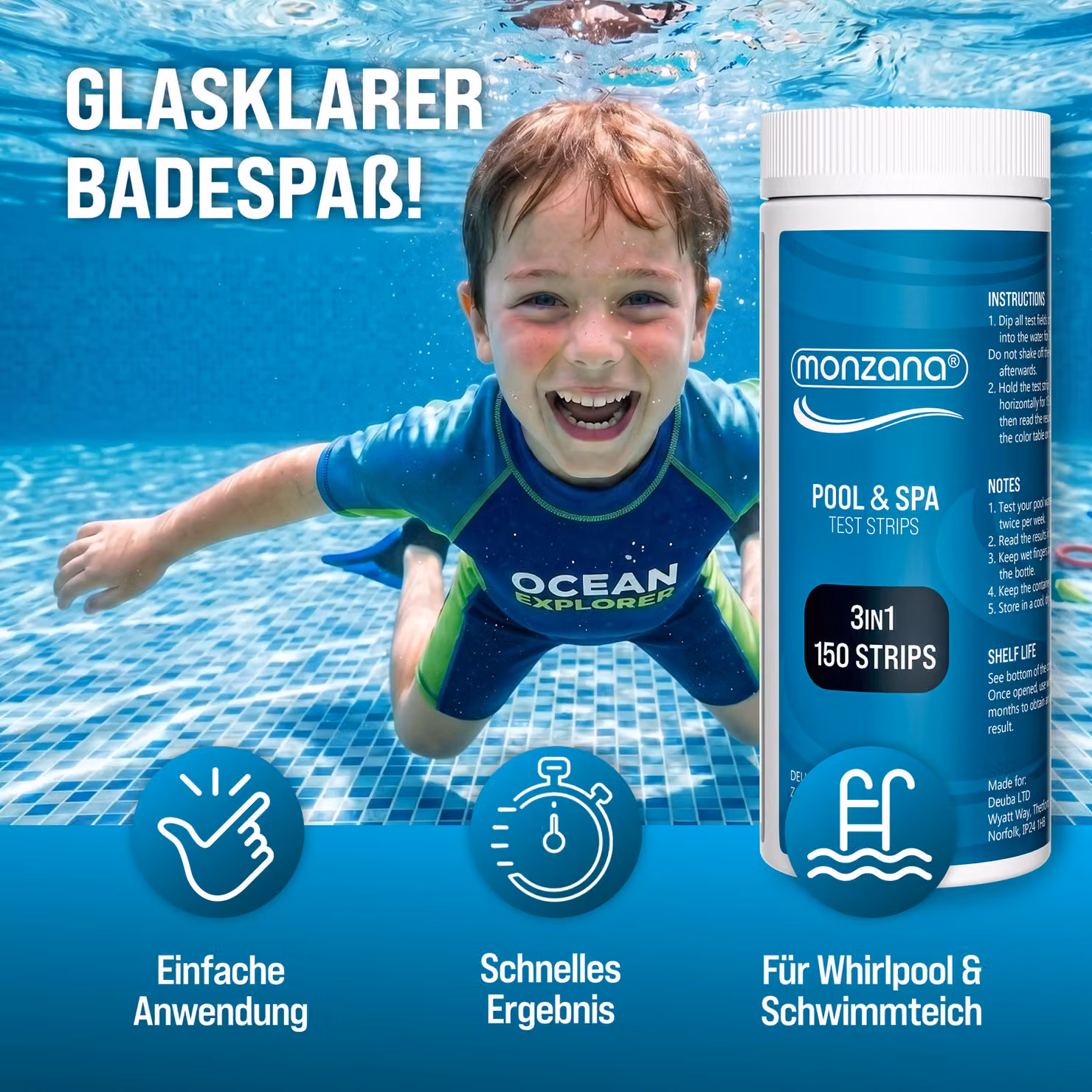 Galleggiante dosatore per piscina MONZANA con termometro e 150 strisce di test 3in1 per pH, cloro e alcalinità, resistente ai raggi UV, blu e bianco – 2