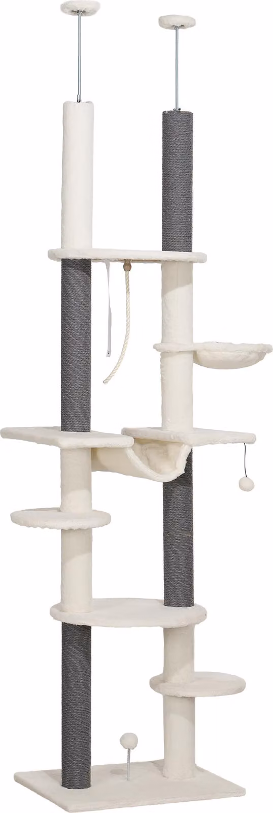 Albero per gatti Moonbite, alto fino al soffitto, con altezza regolabile da 225 a 255 cm, completo di amache, cesta, palline giocattolo, sistema di sicurezza anticaduta e pali in sisal, realizzato in poliestere, colore bianco