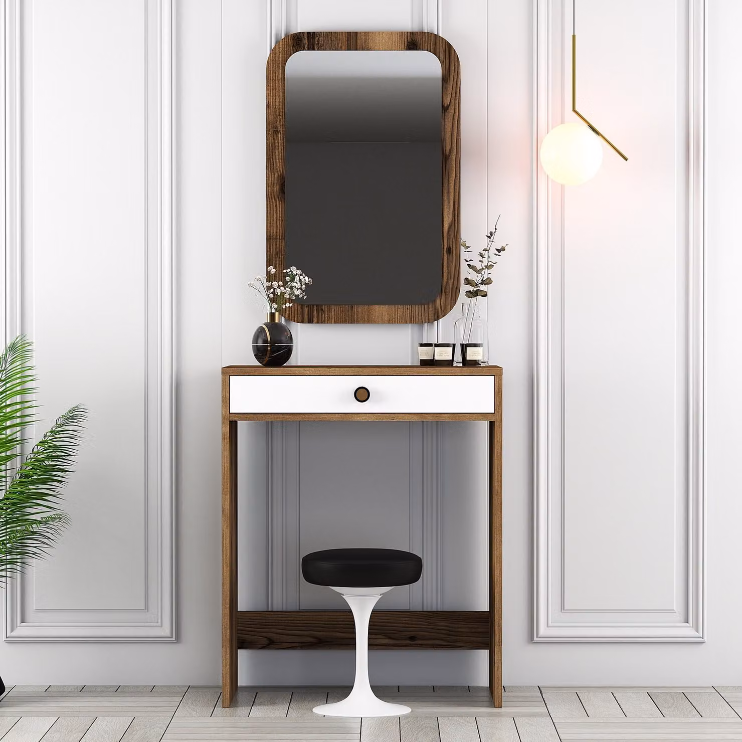 Skye Decor, Lizbon Mirror - Noce, Bianco, Toeletta, Noce, 100% PANNELLI DI PARTICELLE RIVESTITI IN MELAMMINA, 70 x 84,7 x 40 cm