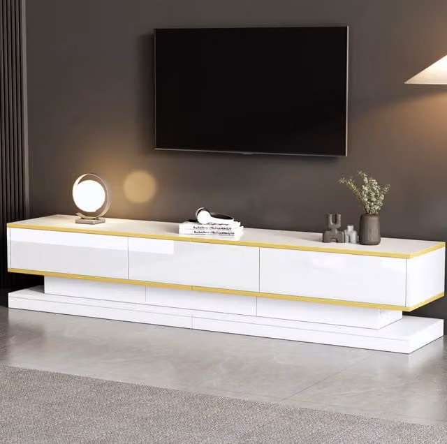 Mobile TV in truciolato bianco caldo lucido 200x40x40 cm con 3 cassetti e bordo dorato