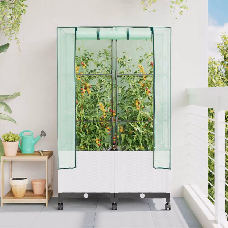 Set di 2 vasi da giardino con copertura per serra e ruote vidaXL, colore bianco, in plastica