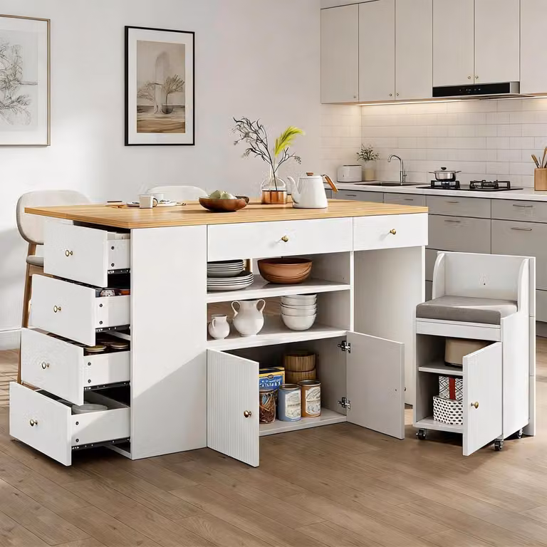 Isola da cucina con piano di lavoro e sgabelli, dimensioni 140x40(70)x89 cm, colore bianco