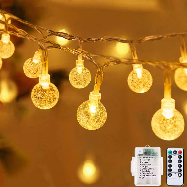 Catena luminosa con 60 LED, lunghezza 7 metri, luce bianca calda, impermeabile, con telecomando e 8 modalità