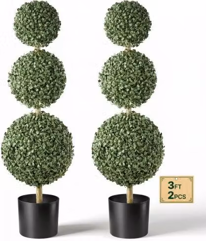 Set di 2 Alberi di Bosso Finti VEVOR con 3 Sfere Verdi, Piante Topiari Artificiali in PE con Vaso per Interni ed Esterni, Altezza: 91,4 cm