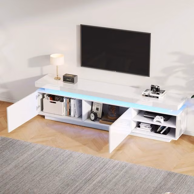 Mobile TV Mivray Bianco con Illuminazione LED 16 Colori, 2 Ante e 2 Ripiani Aperti per TV fino a 70 pollici, L/P/H: 170 x 35 x 50 cm