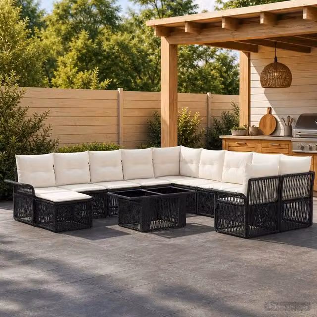 Set Divano da Giardino 12 pz Nero e Bianco Crema polyrattan 3436732