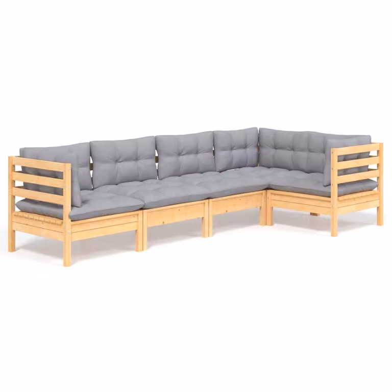 Set Divani da Giardino 5 pz con Cuscini Grigi Massello di Pino
