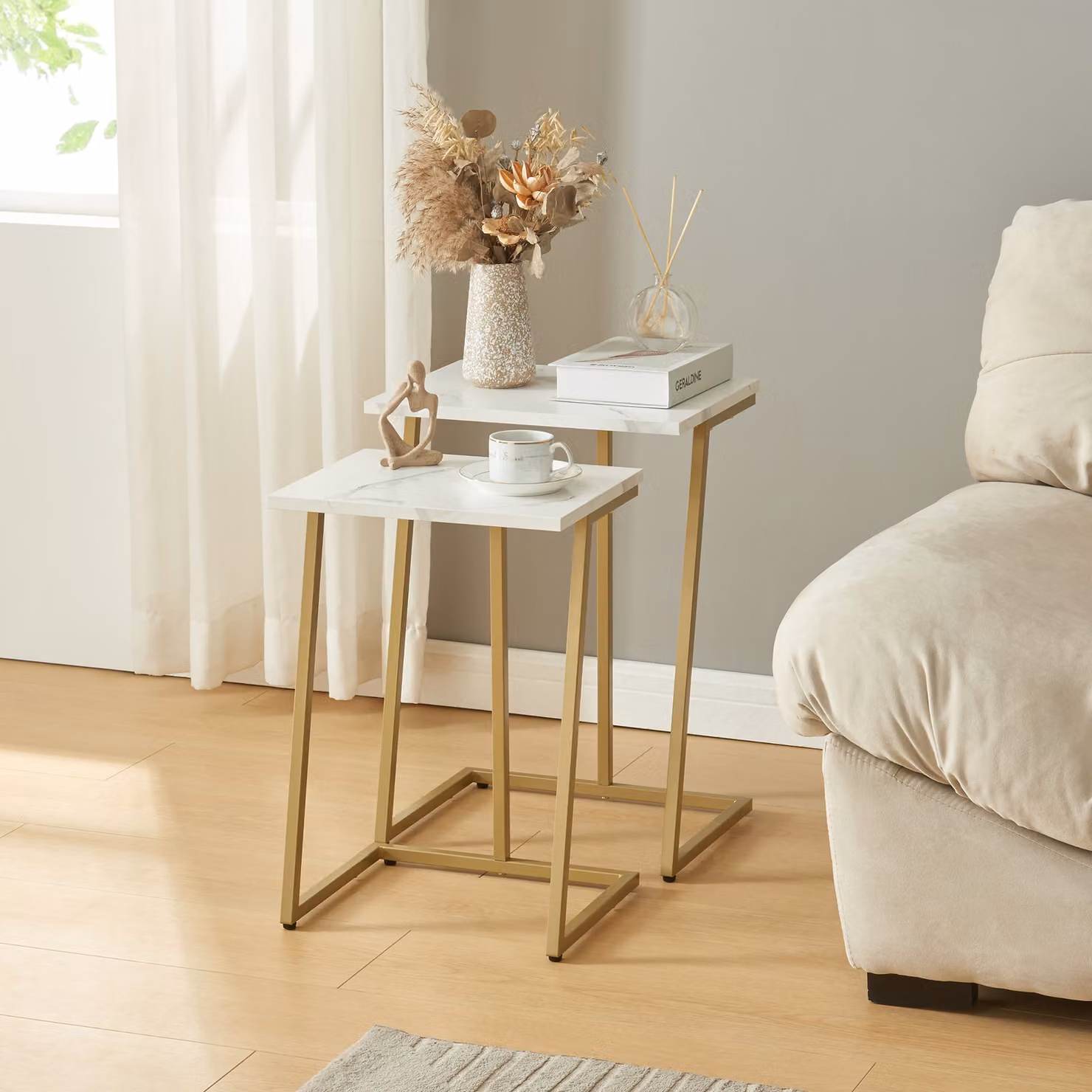 Set di 2 tavolini Salem' oro/marmo, bianco