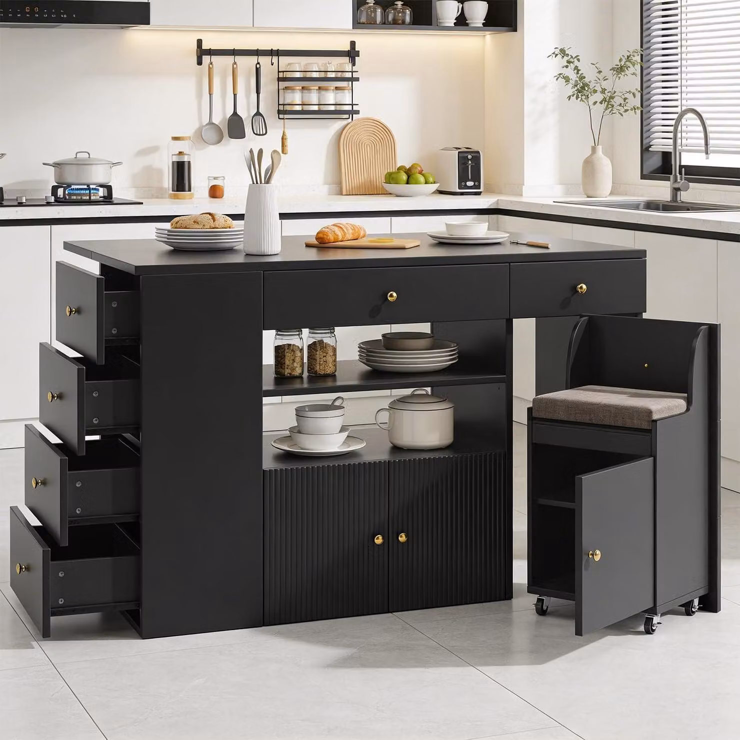 Isola da cucina con piano di lavoro e sgabelli, dimensioni 140x40x89 cm, colore nero