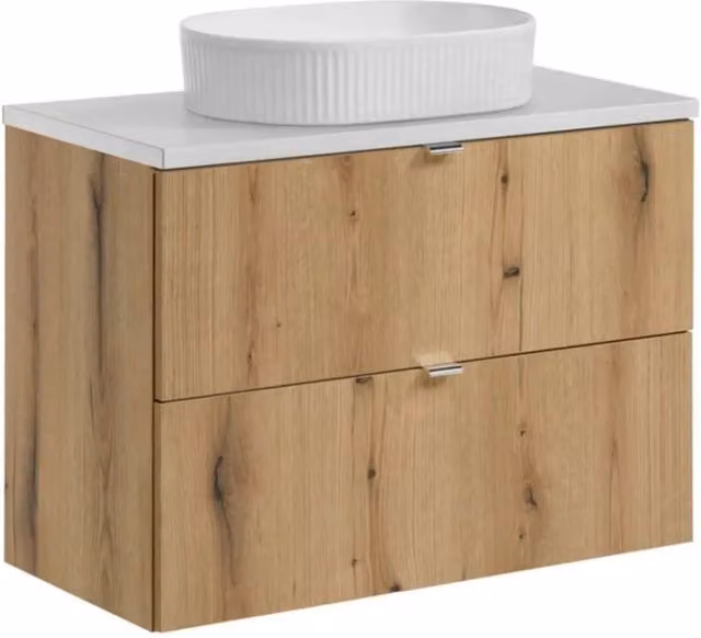 Set VANO effetto quercia e bianco 80cm: mobili sottolavabo con cassetti + piano per lavabo + lavabo da appoggio bianco scanalato