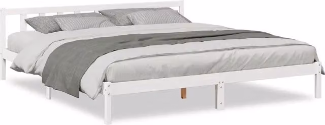 Letto matrimoniale extra lungo in pino laccato bianco con doghe in legno L: 185.5 cm, P: 215.5 cm, H: 69.5 cm