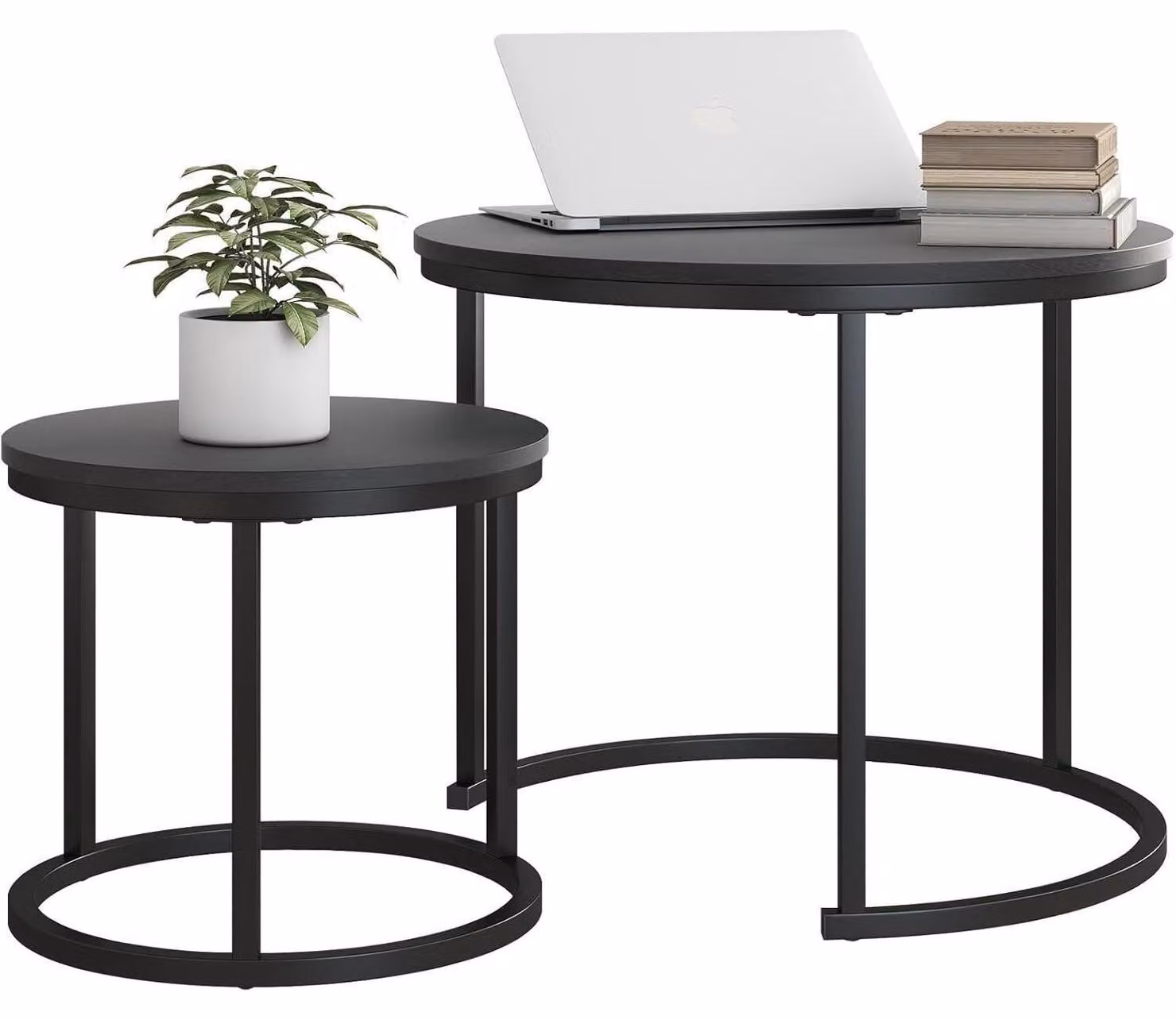 Set di 2 tavolini da caffè/tavolini laterali rotondi, neri, in legno e metallo, dimensioni 60x49 cm e 40x36 cm