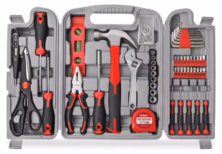 Set di utensili per la casa, il garage e lavori di bricolage, colore rosso