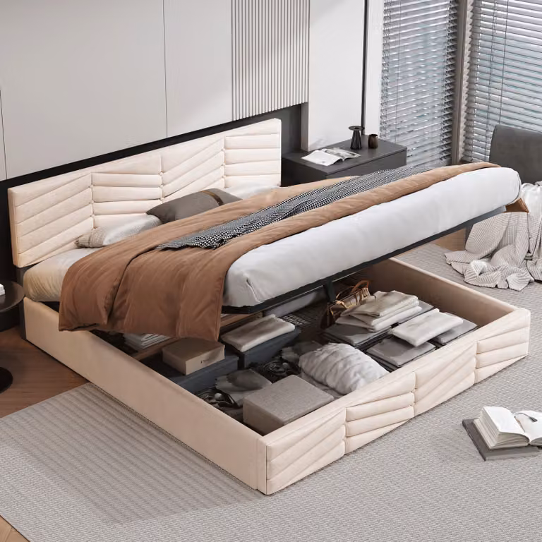 Letto imbottito Flieks con contenitore, letto matrimoniale 160x200cm con rete a doghe, letto contenitore funzionale letto in velluto, beige