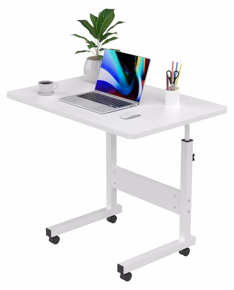 Tavolo portatile per laptop con rotelle, regolabile in altezza, dimensioni 60x40 cm, colore bianco