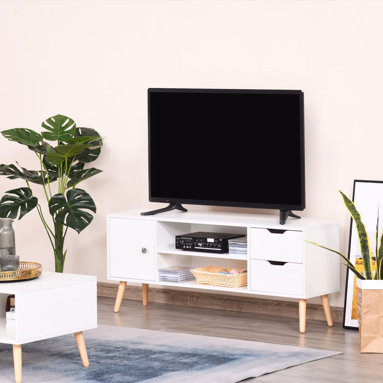 Mobile TV Moderno HOMCOM in Legno Bianco per TV fino a 50 pollici L: 120 cm, P: 44 cm, H: 28 cm – 2