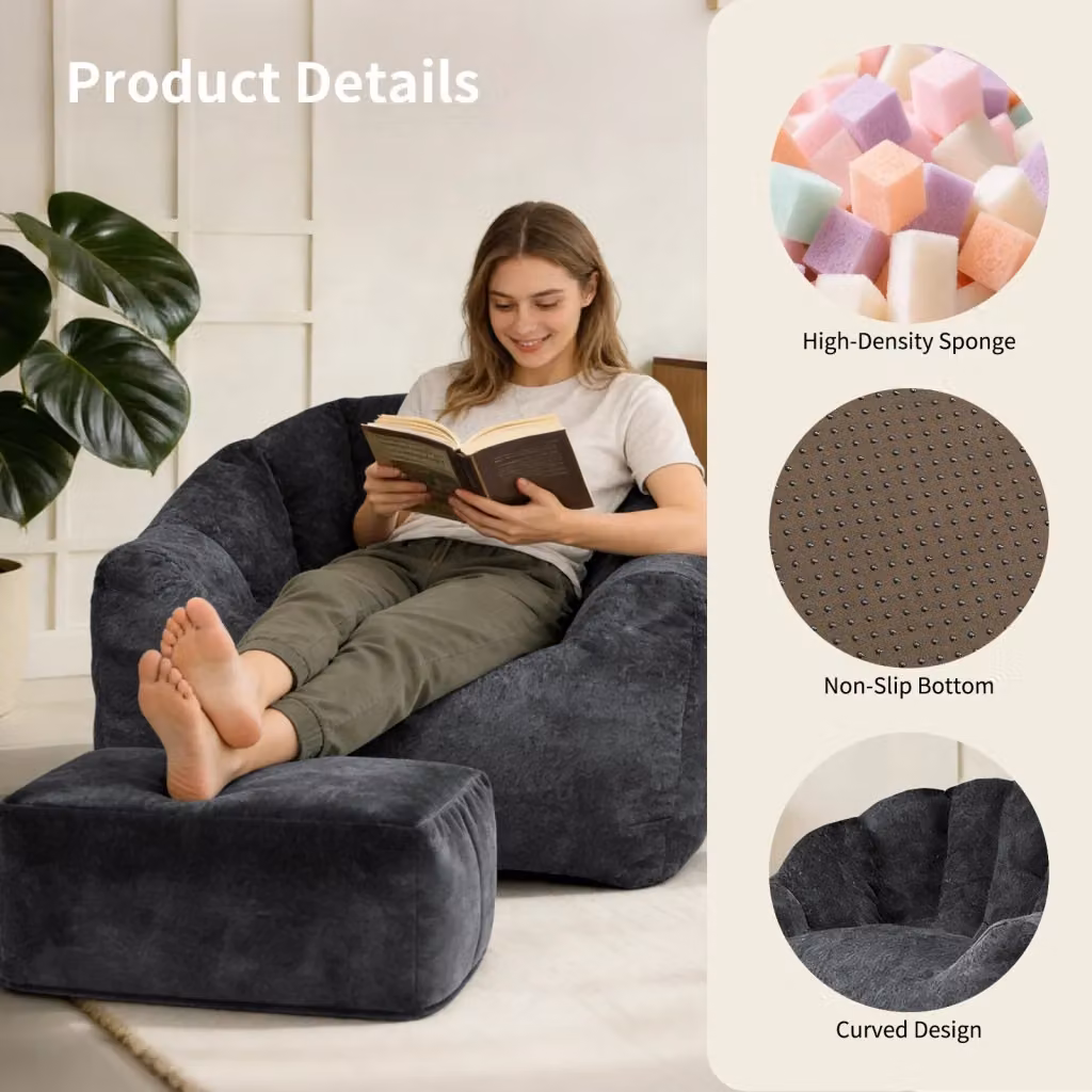 Poltrona con pouf a petalo OKWISH in tessuto flanella nero per salotto e studio – 2