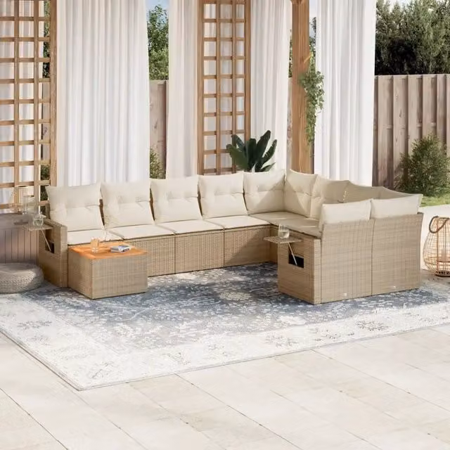 Set Divano da Giardino Moderno VIDAXL in Polyrattan con Cuscini Beige, 10 Pezzi – 1