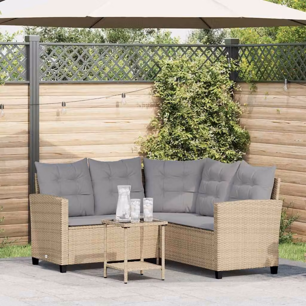 Set da giardino vidaXL a forma di L con tavolo da caffè e cuscini beige e grigi in rattan e metallo