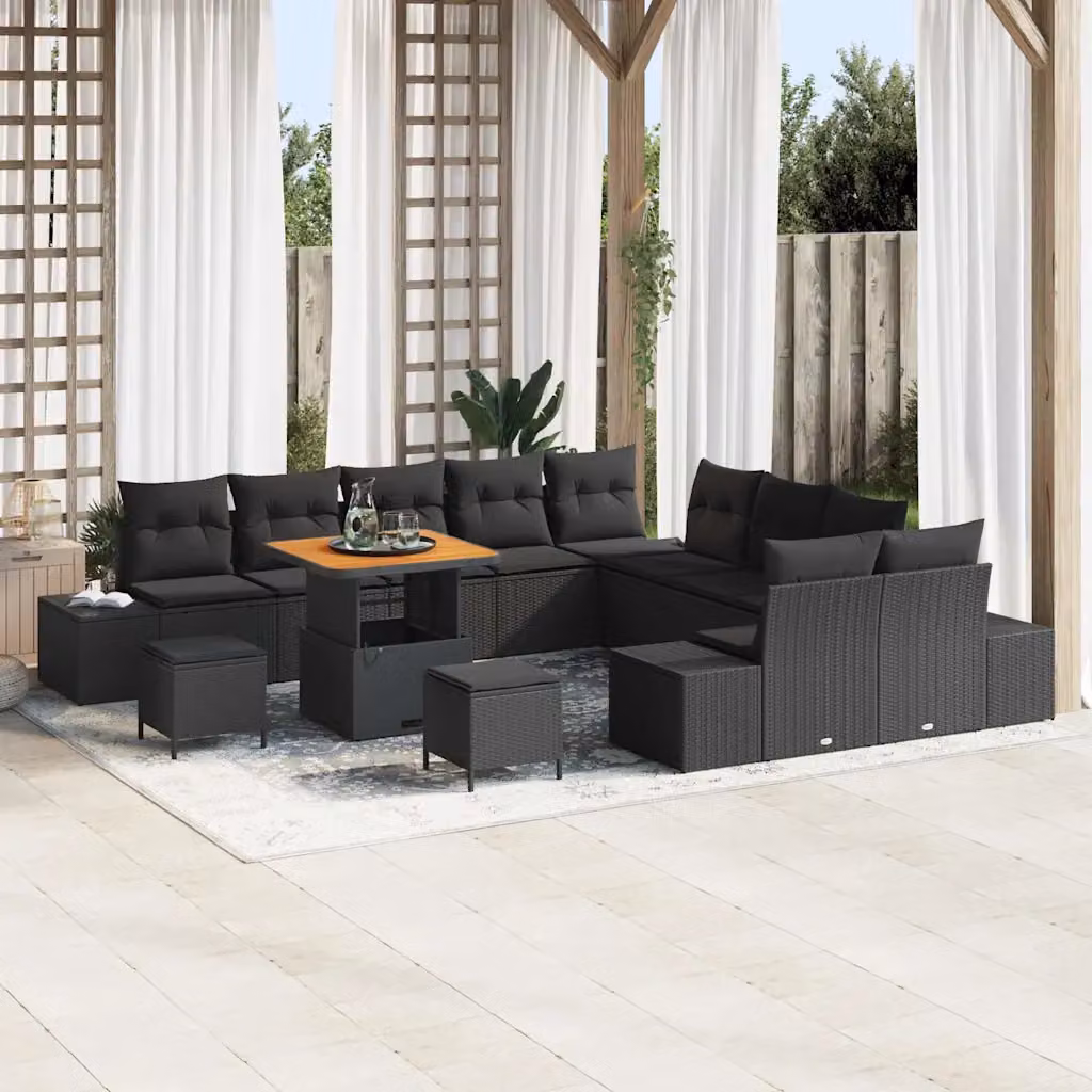 Set Divano da Giardino vidaXL a forma a U in Polyrattan Nero con Cuscini e Tavolino da 13 Pezzi – 1