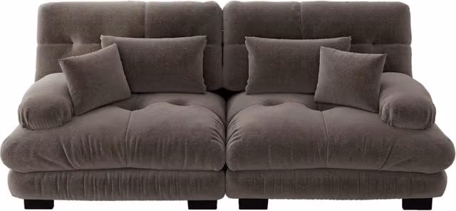 Divano angolare Cloud in chenille vintage marrone con struttura in legno massello e cuscini lombari