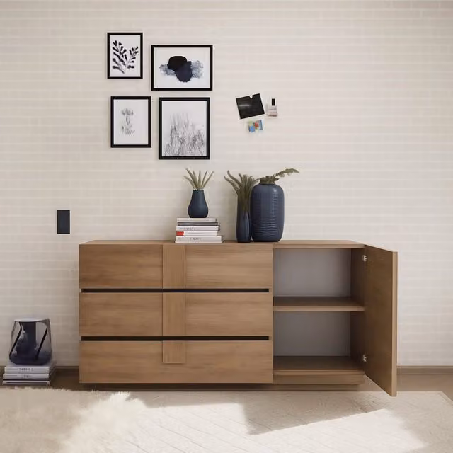Madia Minoprio DMORA, Credenza moderna con un ripiano, Marrone Rovere, L: 182 cm, P: 44 cm, H: 90 cm