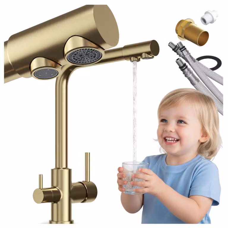Granitan - Miscelatore cucina - Rubinetto cucina altezza 33 cm - Oro spazzolato - 3 vie - UNIVERSAL