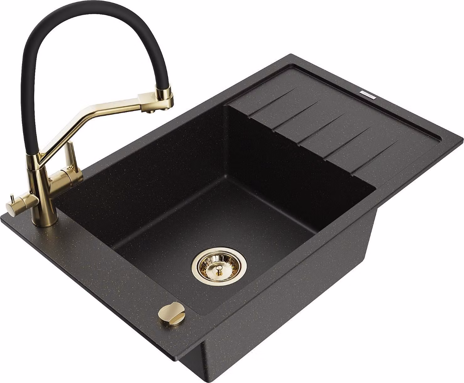 Mexen Elias lavello in granito ad una vasca con sgocciolatoio e miscelatore da cucina Duo, nero/oro metallizzato